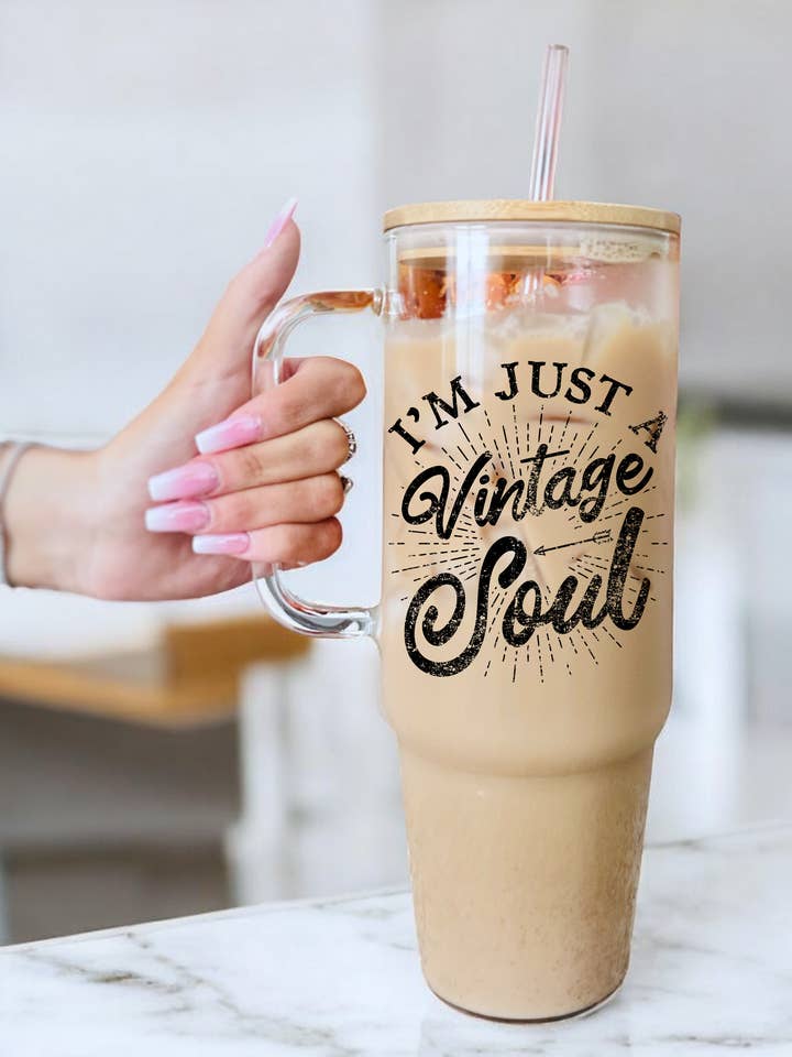 Vintage Soul, 40 Oz Glass tumbler, coffee tumbler, gifts for wholesale by Style + Grace Wholesale
