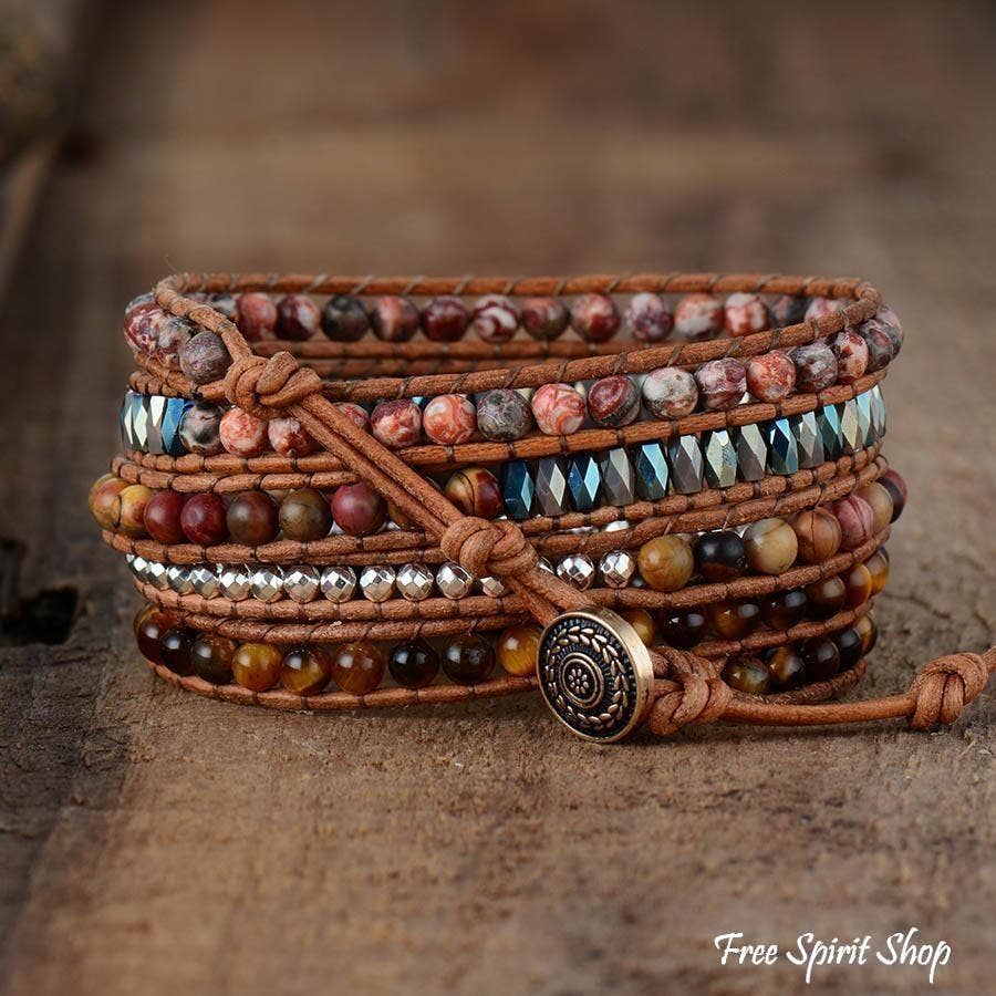 Free Spirit Shop - Wholesale Beaded Bracelet - Natural Tiger Eye & Jasper Beaded Wrap Bracelet2