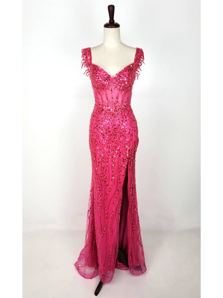 Chicas - Wholesale Gown - Women's - Off the Shoulder Sequin and Bead Long Dress C3314