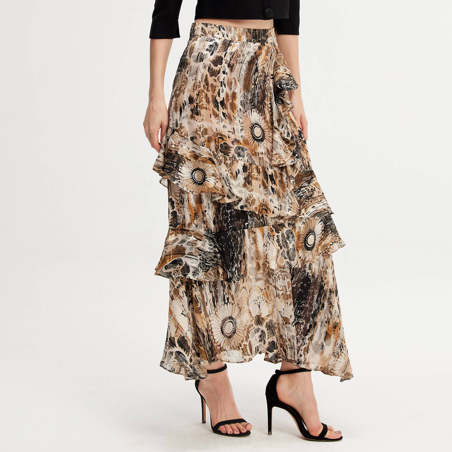 Smart and Joy - Wholesale Skirt - Women's - Long chiffon skirt with ruffles and graphi floral print8