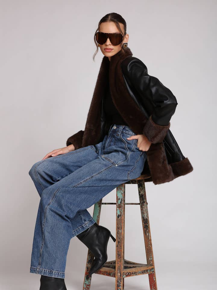 Faux Fur Trimmed Faux Leather Jacket for wholesale by Avec Les Filles