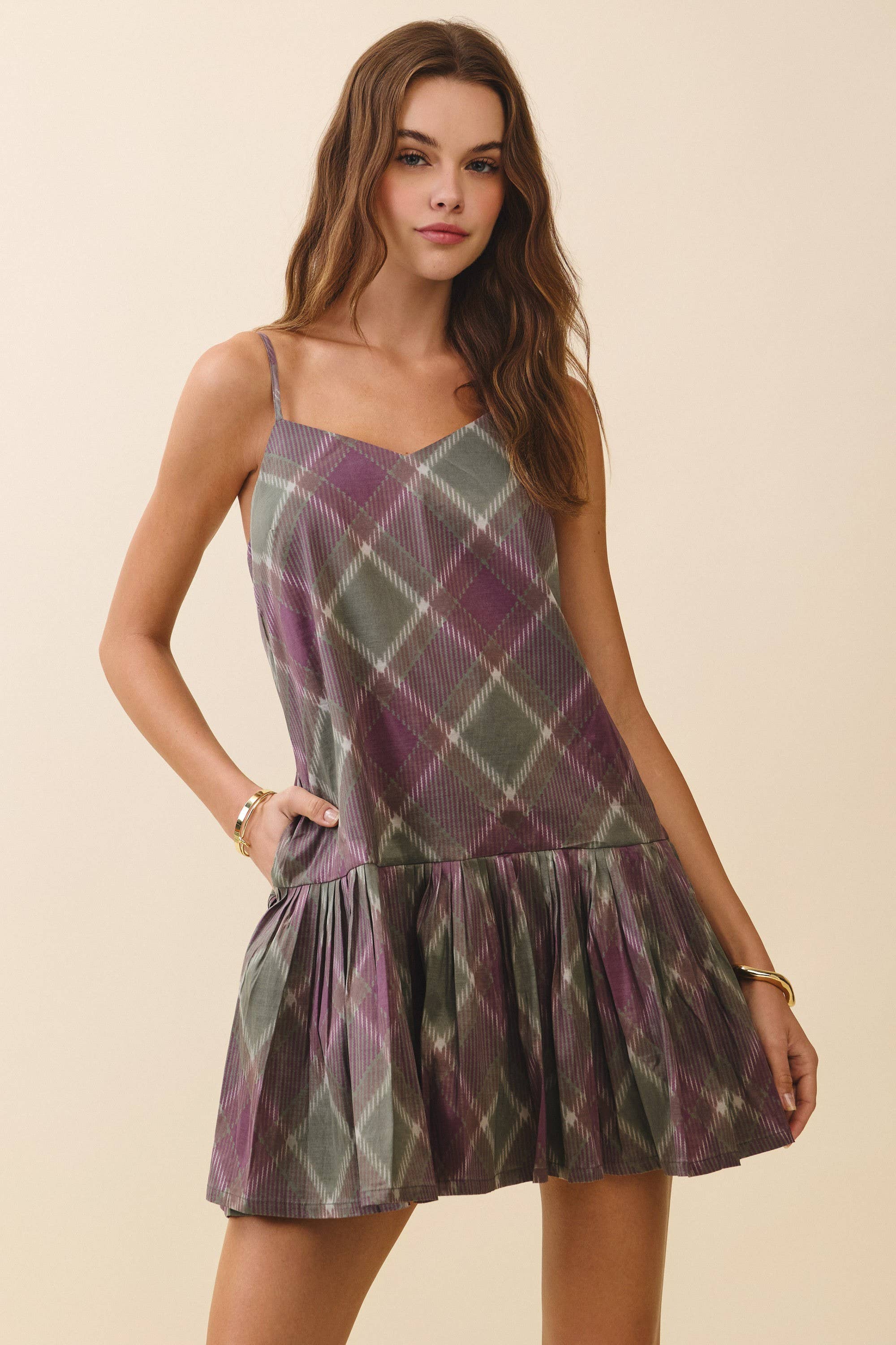 OLIVE CD06368-Plaid Drop Waist Flounce Hem Relaxed Fit Dress for wholesale on Faire1
