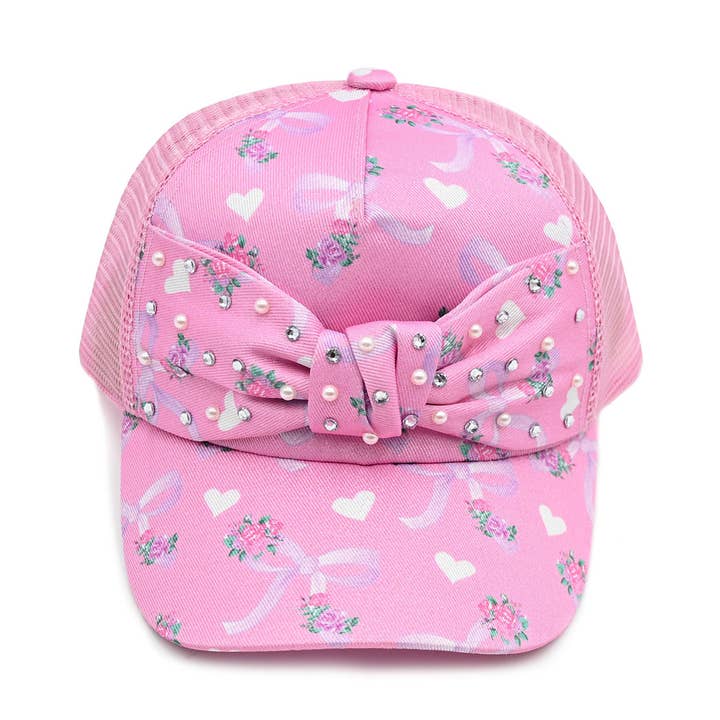 Lyserød blomster- og sløjfeprintet truckerhat for engroshandel hos OMG Accessories