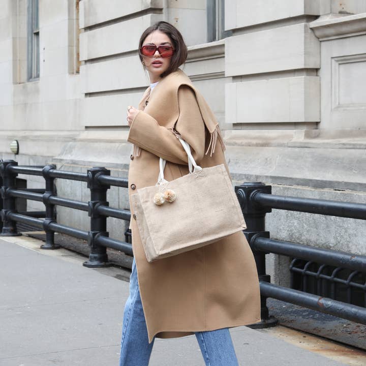 KORISSA - Wholesale Tote Bag - Women's - Handmade Burlap Jute • Canvas Tote •Shopping Bag with Pompom