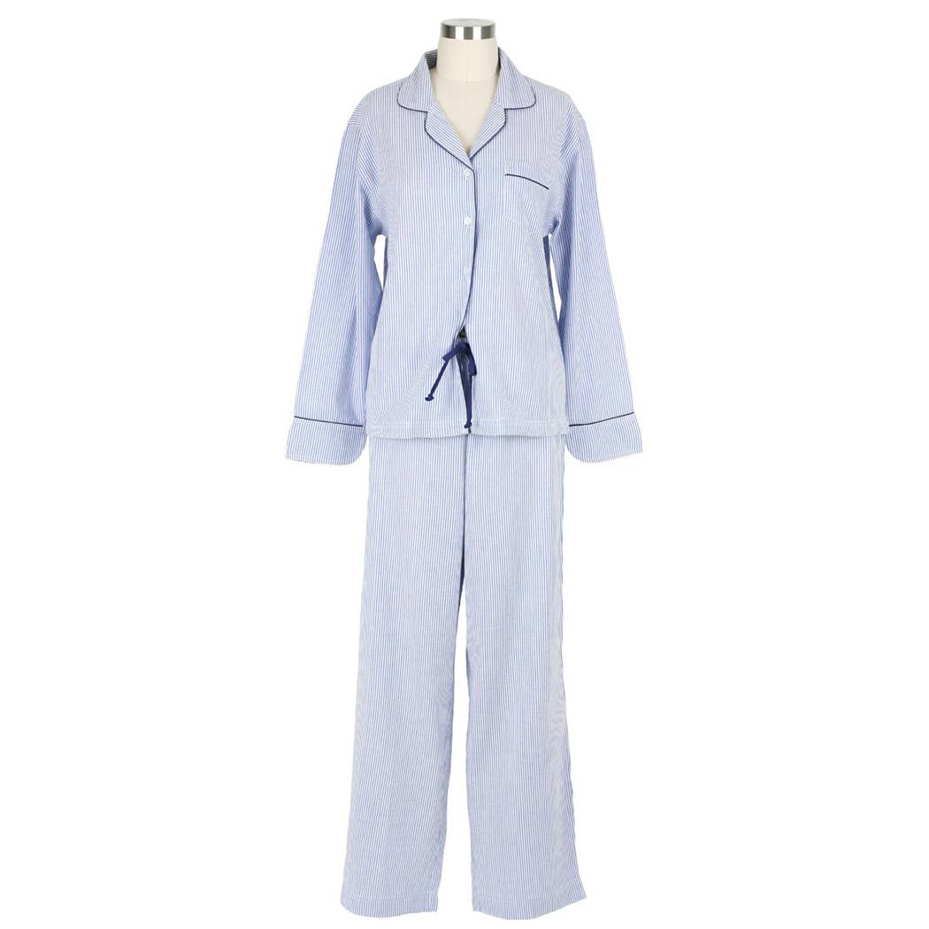 Needham Lane - Wholesale Sleepwear Set - Women's - Blue Seersucker-Navy Long Sleeve Pajamas1