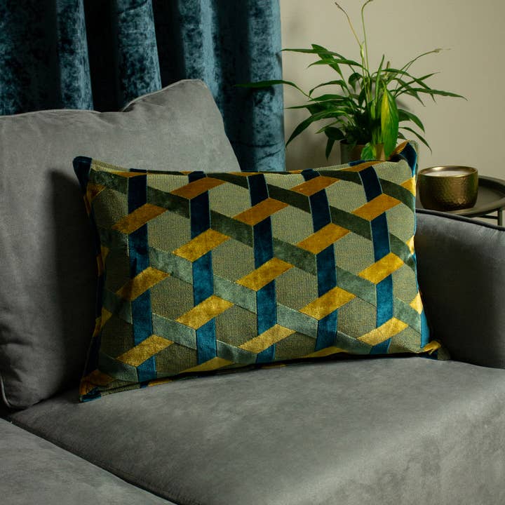 Teal Gold Delano Velvet Jacquard Cushion Teal/Gold for wholesale on Faire4
