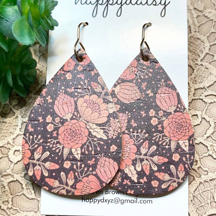 Fall Floral Print Cork on Leather Teardrop Earrings for wholesale by happydaisy
