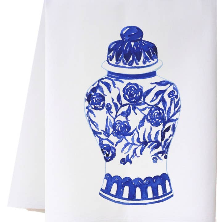 Torchon de cuisine pot à gingembre bleu et blanc pour la vente par Cora & Pate