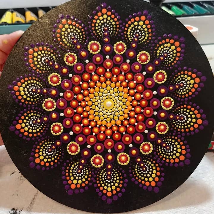 Handpainted Rainbow Dot Mandala Wall Art with Resin for wholesale by Slightly Askew Art