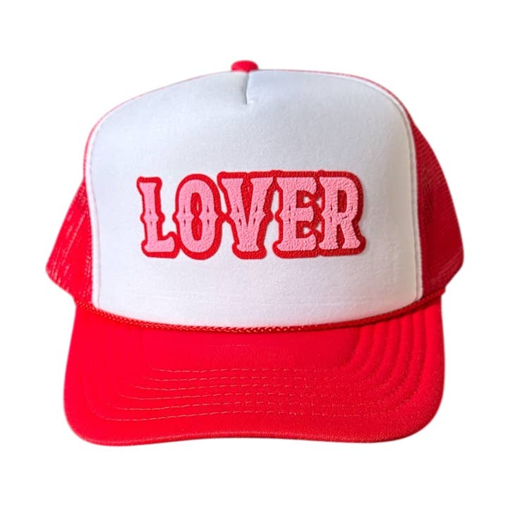 LOVER (double puff) - White/Red Trucker Hat for wholesale by Littlebrightbird