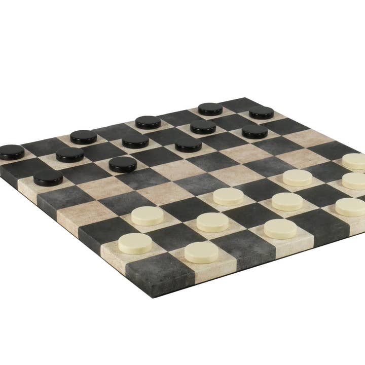Checker Set - Urea Checkers on a Black and Cream Leatherette Board for wholesale by WorldWise Imports