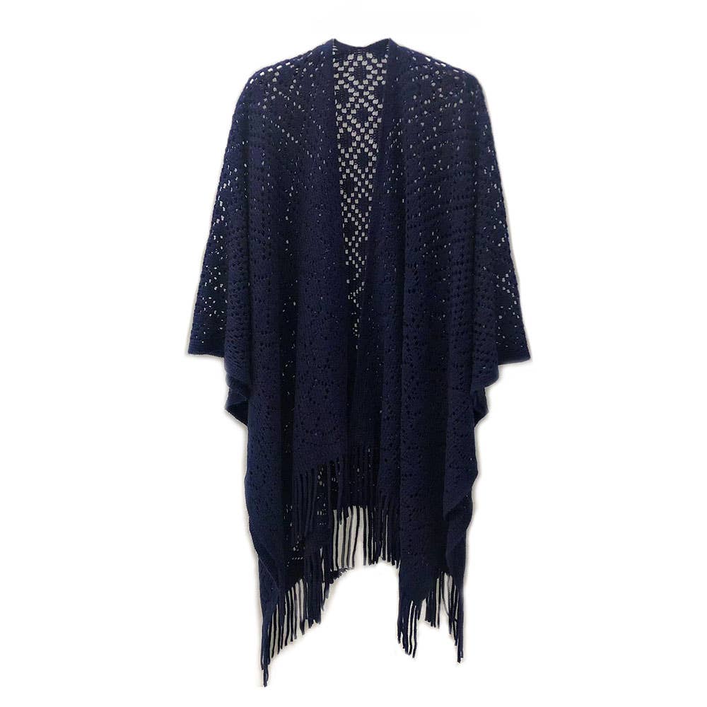 Sensibling Corp. - Wholesale Poncho - Women's - Fringe Open Knit Crochet Draped Shawl Wrap Ruana Poncho7