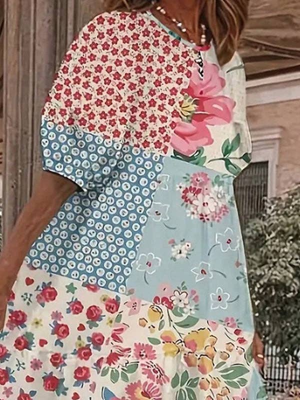 BLEU ROUGE Robes mi-longues amples à col rond à pois et imprimé fleuri en vente sur Faire1