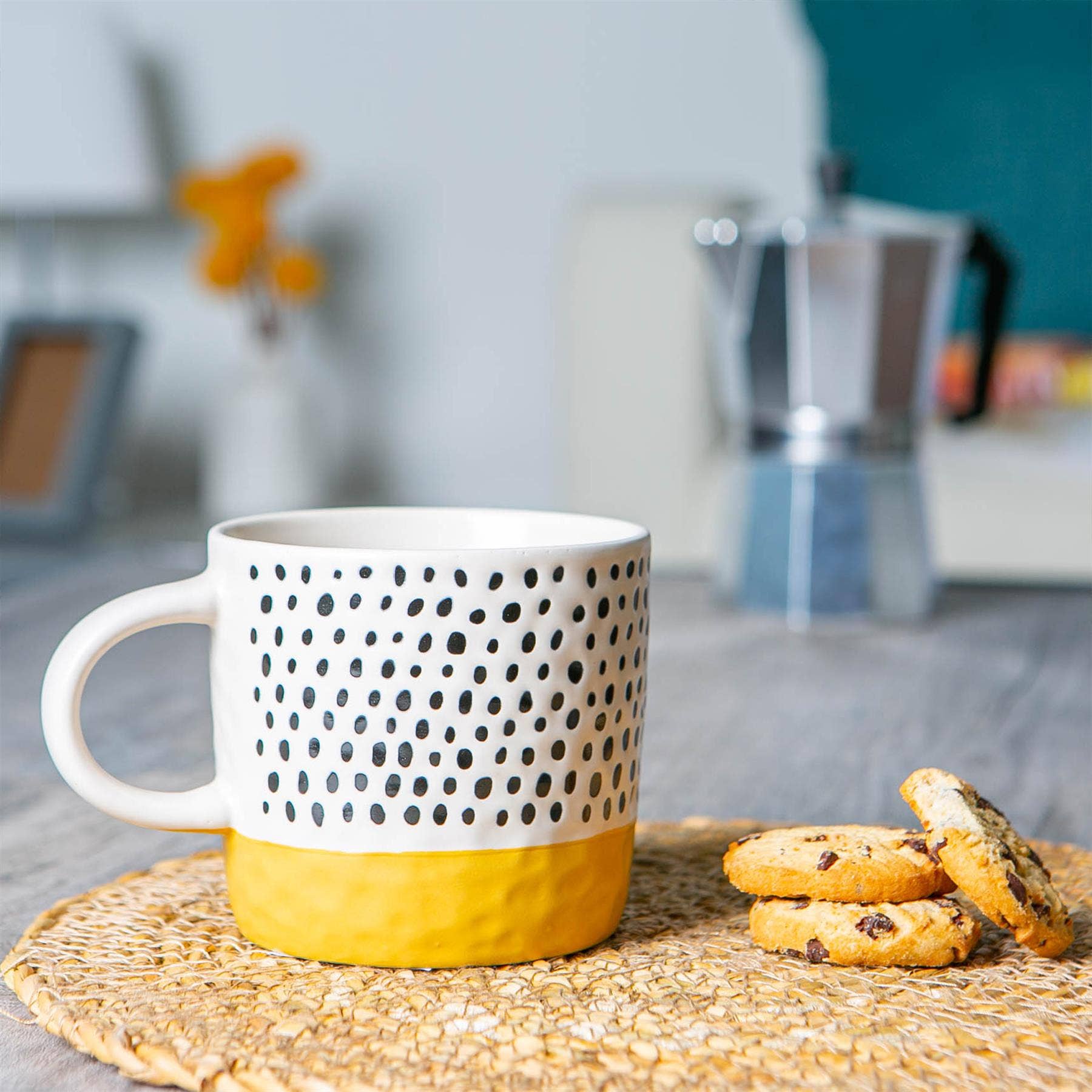 Rinkit Ltd - Wholesale Coffee Mug - Nicola Spring Ceramic Dipped Dots Coffee Mug 385ml Mustard1