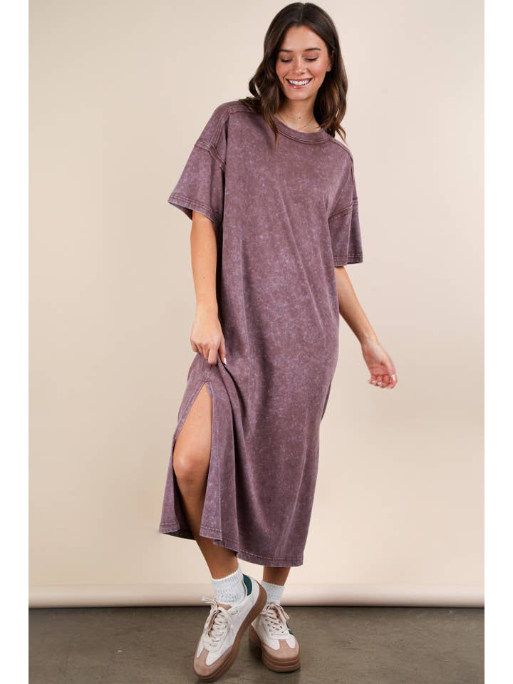 VERY J - Wholesale Dress - Women's - ND31601-Mineral Washed Casual Comfy Midi Dress