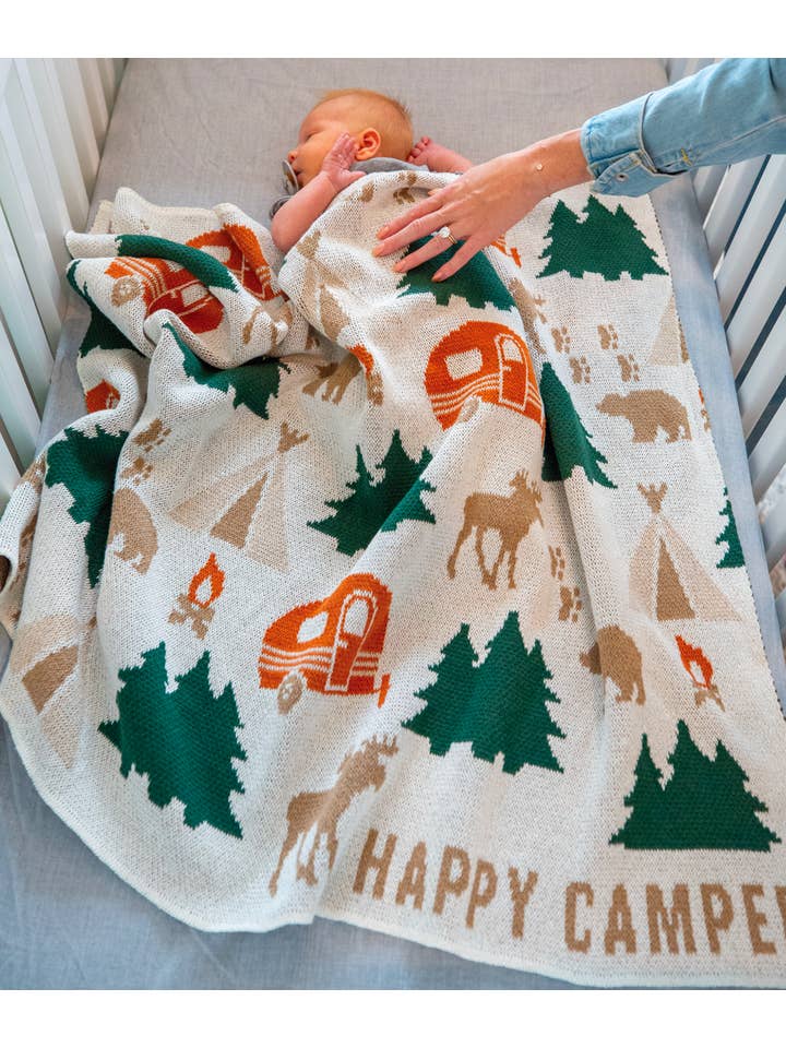 In2Green - Wholesale Bedding Blanket - Kids & Baby - Baby Cotton Knit Blanket - Happy Camper