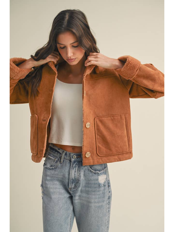 CAMEL SUEDE JACKET WITH FAUX FUR DETAIL / WL23-7790 for wholesale on Faire