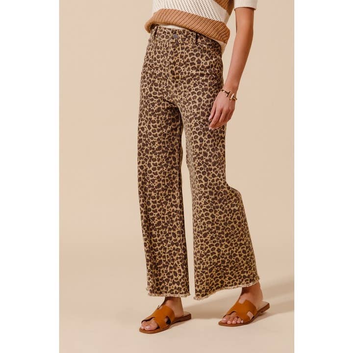 MID RISE LEOPARD DENIM FRAYED HEM WIDE LEG PANT for wholesale on Faire