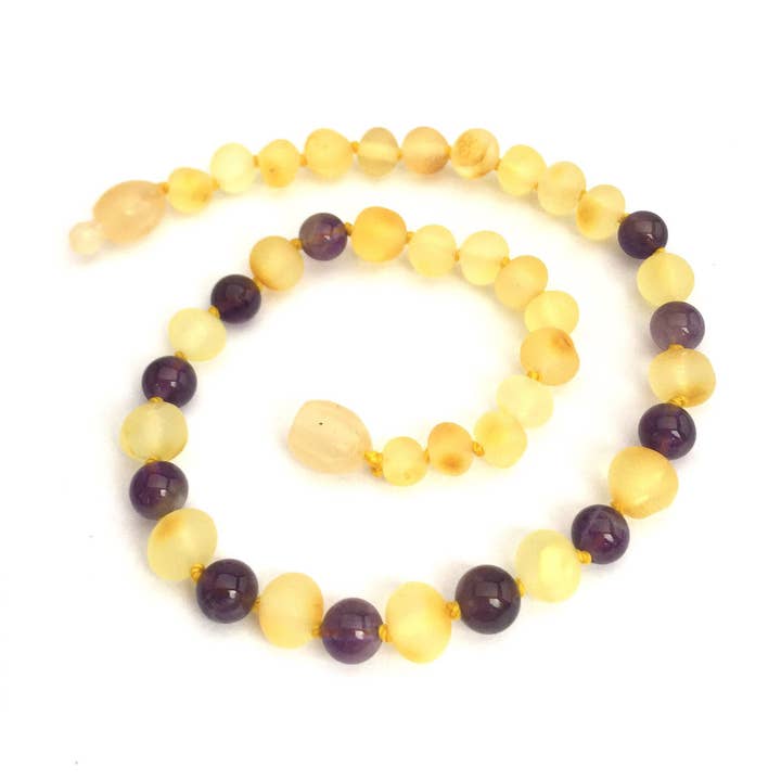 Amber & Gemstone Necklaces - Adult - Raw Lemon & Amethyst for wholesale by Momma Goose Products, Ltd.