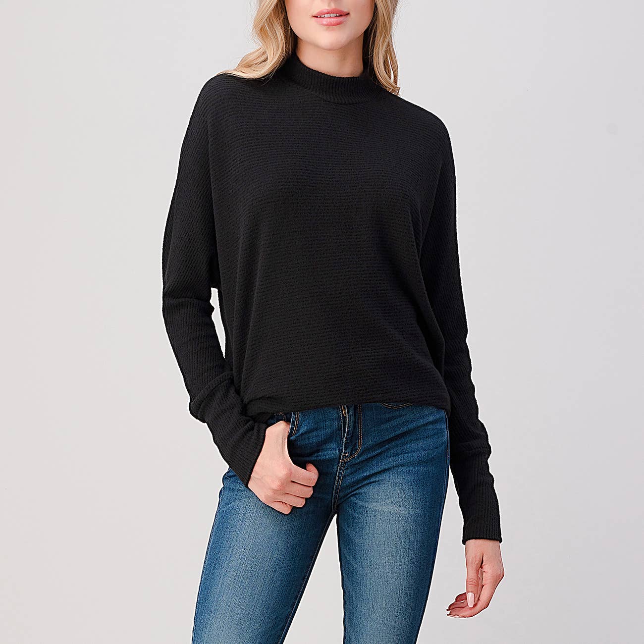 Heimious - Wholesale Knit Top - Women's - Mock Neck Long Dolman Sleeve Ribbed Knit Top, T26154