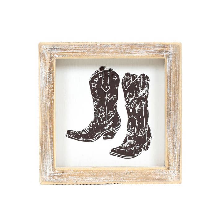 Devanie At Home (Formerly Adams & Co.) - Wholesale Decorative Tabletop Object - 12051 - 5x5 wood frame sign (HAT/BOOTS) Cowboy Home Decor2