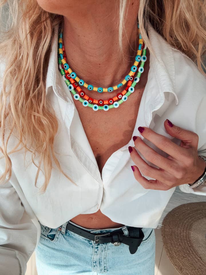 Multicolor rainbow eye beaded necklaces for wholesale by Goupi