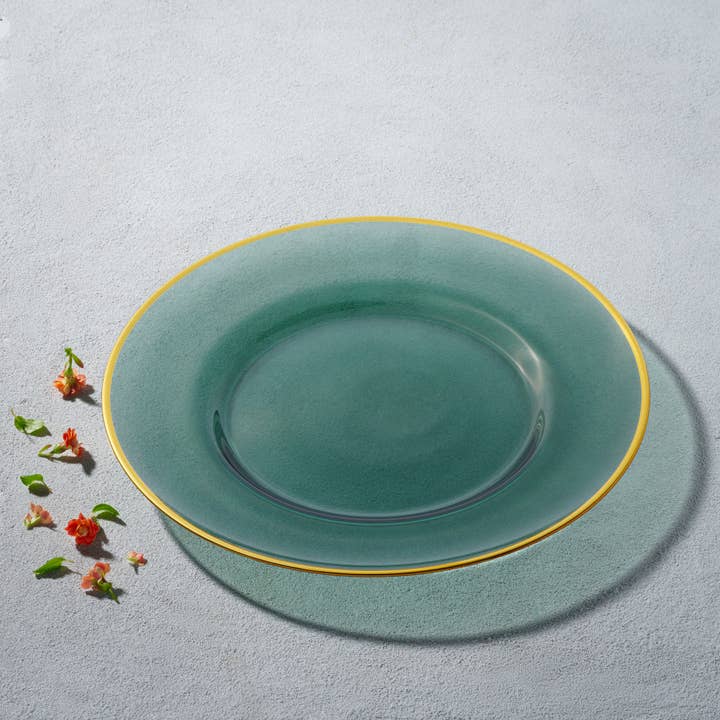 Kadra Kitchenware - Wholesale Charger Plate - Vikko Decor Platinum Green Glass Charger with Gold Rim