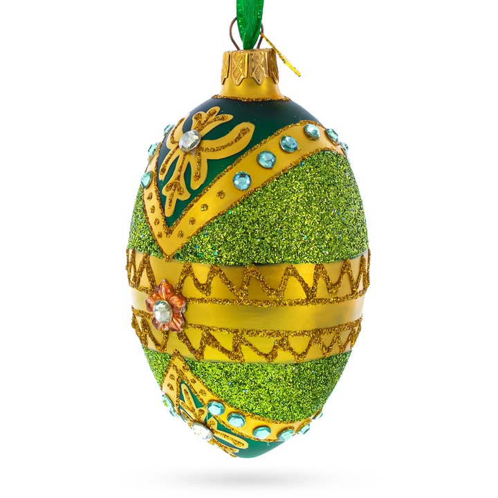 BestPysanky – Engroshandel Pynt – Hvide juveler på glitret grønt glasægornament
