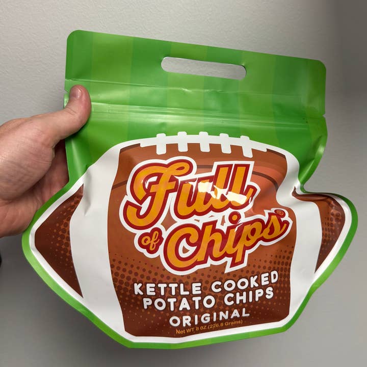 Football Shaped bag of original kettle chips 5oz for wholesale by Full Of Chips
