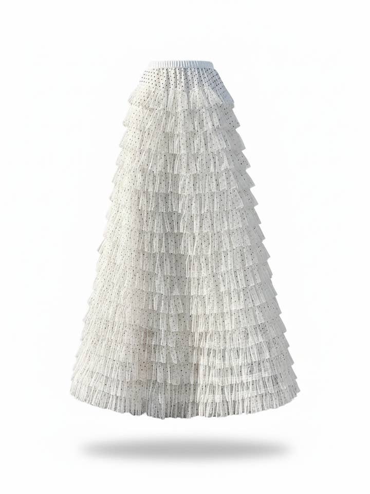 Romantischer Tupfen Tüll-Mesh-Maxirock mit Stufen und hohem Bund für den Großhandel von CCIC New York