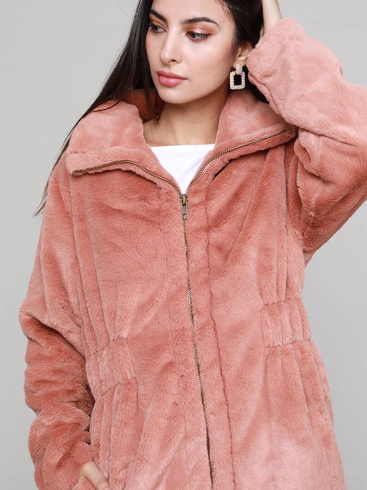 ST#FCL1254J Faux fur long zip-up high collar jacket for wholesale by OLIVE MAUVE