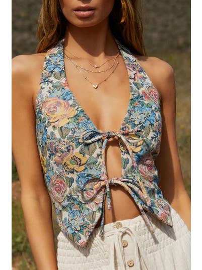 ribbon bow tie front closure Floral halter top for wholesale on Faire4
