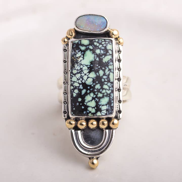 Prisms Ring ◇ Australian Opal + Angel Wing Variscite ◇ Size 7.5 for wholesale by Mahka Jewelry