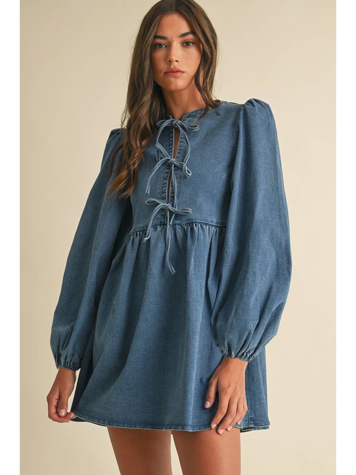 MIDIUM WASH Denim Bow Mini Dress for wholesale on Faire