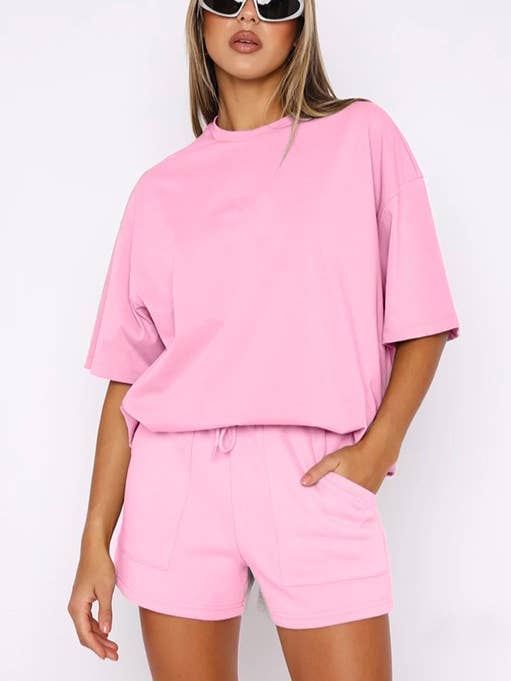 HIDDENBRAND - Wholesale Lounge Set - Women's - Half Sleeve Basic T-shirt 2 Piece shorts Set