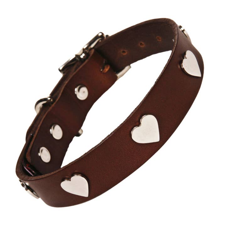 Silver Hearts chokladbrunt läderhundhalsband för wholesale av Creature Clothes