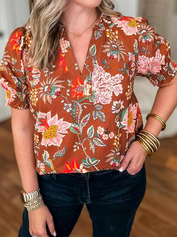 Plus Size Floral Frilled Puff Sleeve Blouse for wholesale by LALA LOO