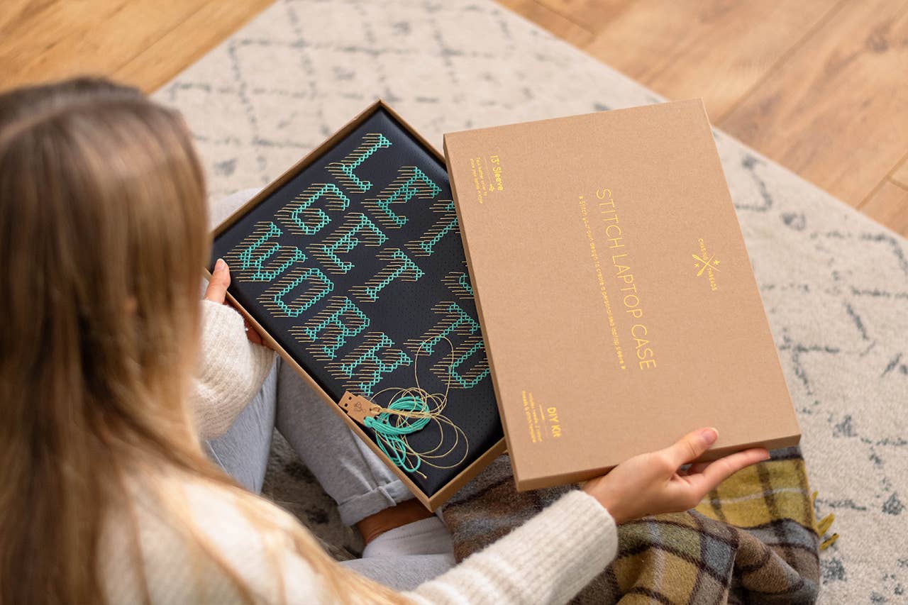 Chasing Threads - Wholesale DIY Craft Kit - DIY Cross Stitch Laptop Sleeve Kit - Navy with teal thread2