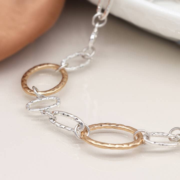 Silver Plated And Faux Gold Hammered Linked Hoops Necklace for wholesale by Peace Of Mind