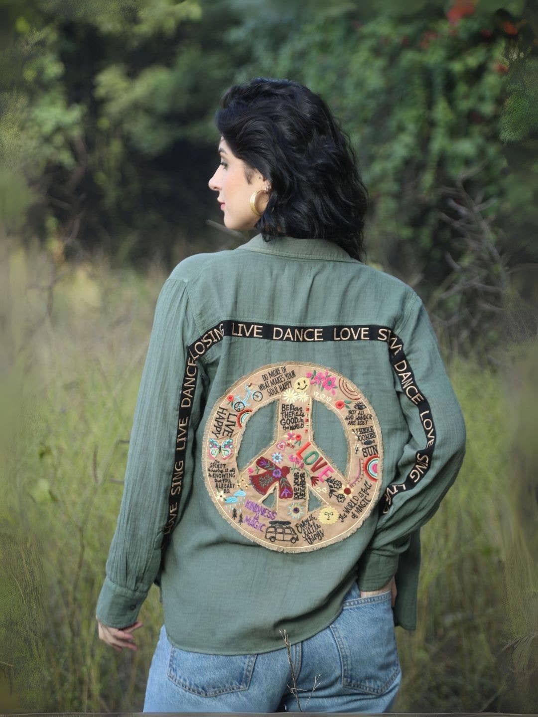 Boho Peace Sign Shirt in Olive Green – Double Gauze Cotton for wholesale on Faire0
