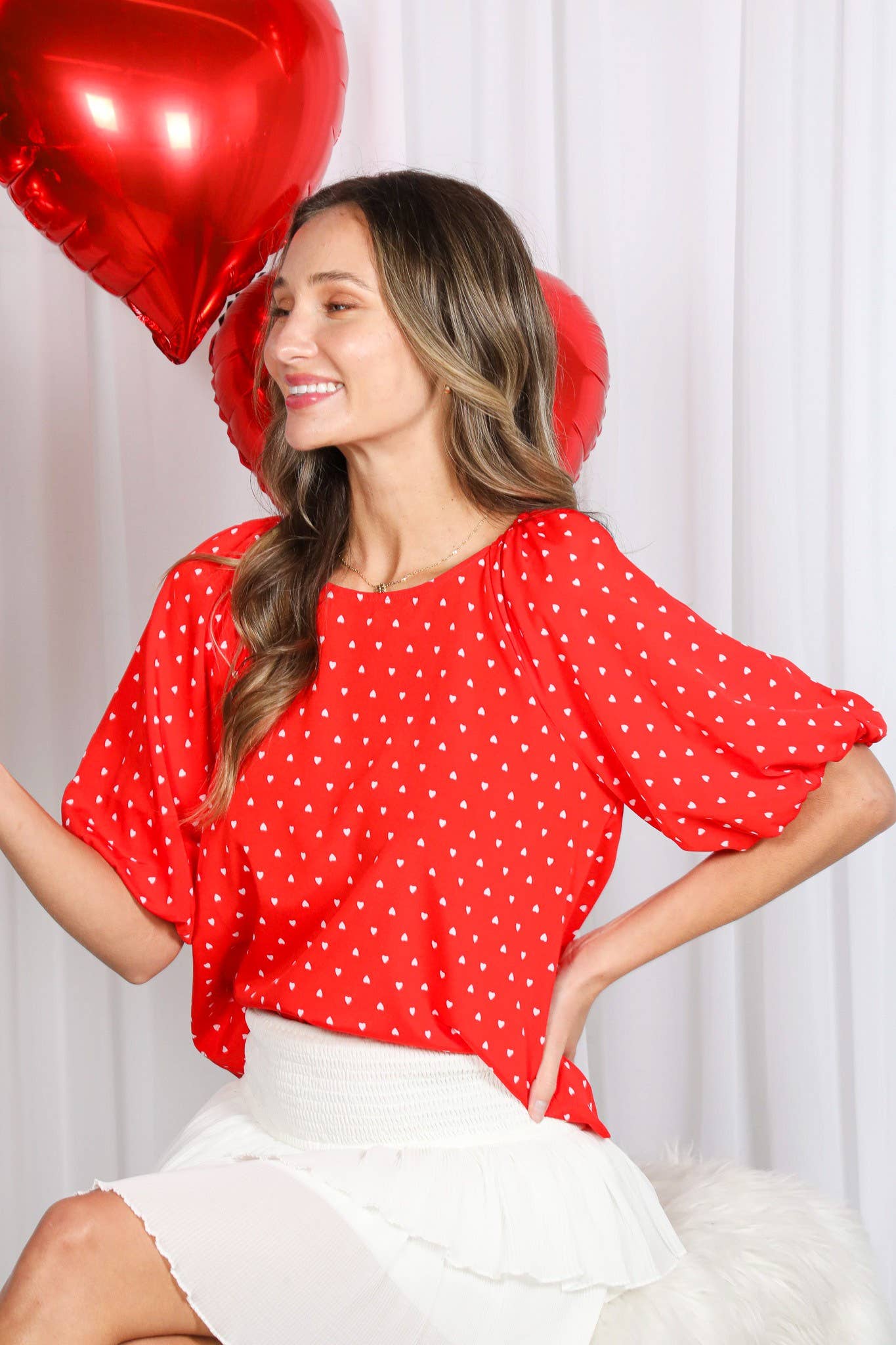Rood Boothals Pofmouw Hartjesprint Blouse Top VT82337H voor groothandel op Faire11