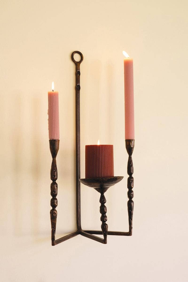 Brown FORGED IRON WALL TAPER AND PILLAR CANDLE HOLDER for wholesale on Faire0