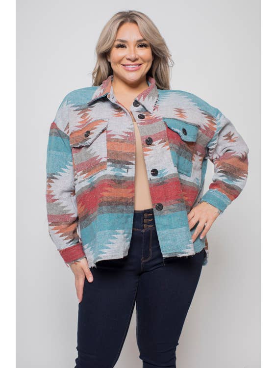Curve Market - Wholesale Shirt Jacket/Shacket - Women's - PLUS SIZE TRIBAL NAVAJO PRINT SHACKET