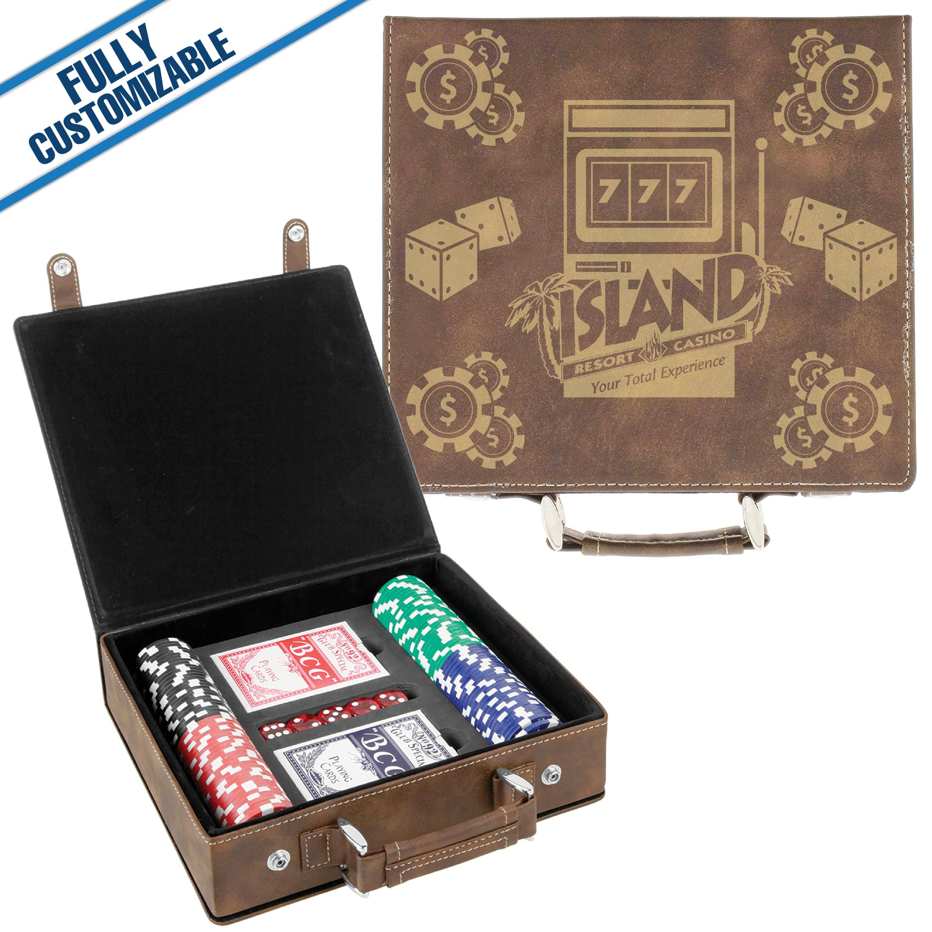 GiftWorksPlus - Wholesale Card Game - 100 Chip Engraved Leatherette Poker Set Fully Customizable3