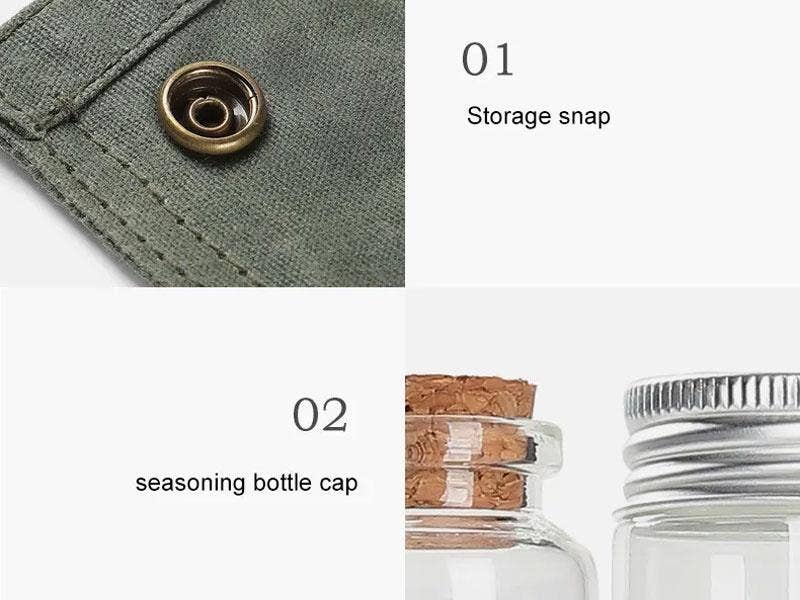 VIGOR - Vente Sets de voyage - Trousse à épices de voyage en toile cirée imperméable Sac de rangement pour bouteilles d'assaisonnement Ustensiles de camping en plein air Porte-épices de voyage Bushcraft (lot de 10)7