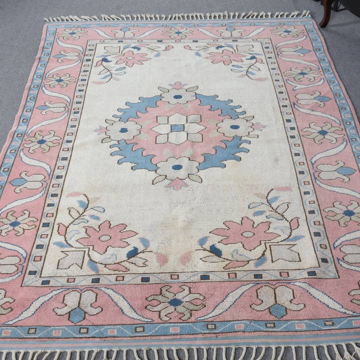 Håndlavet lyserød og blå blomstret tæppe, 5,9x9,3 ft område tæppe for engroshandel hos Vintage Rugs Loom