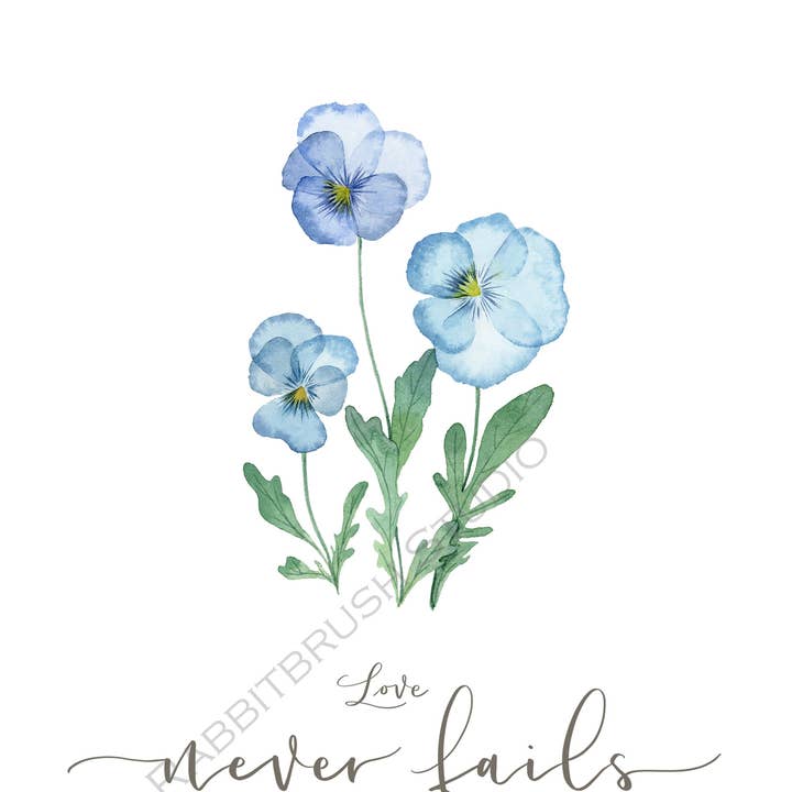 Art des Écritures de fleurs de pensée pressée - L'amour ne manque jamais pour la vente par Rabbitbrush Studio