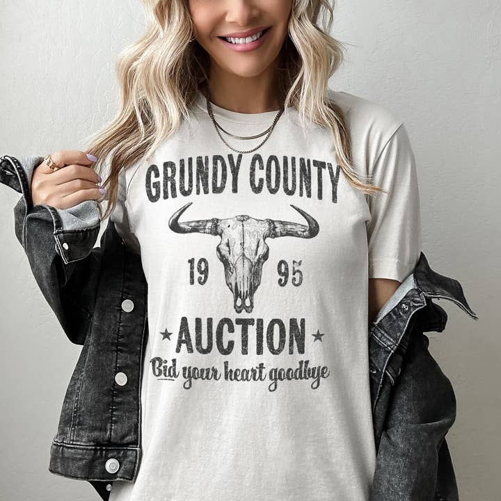 Johnny Threads - Wholesale Screen Printed T-Shirt - Women's - Grundy County Auction 90's Country Music Graphic Tee Shirt