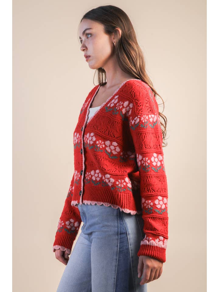 VERY J - Wholesale Cardigan - Women's - 12W3524N-Floral Graphic Detail Knit Sweater Cardigan9