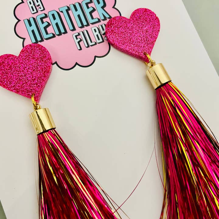 By Heather Filby - Wholesale Tassel Earrings - Pink Tassel Heart Glitter Resin Earrings3